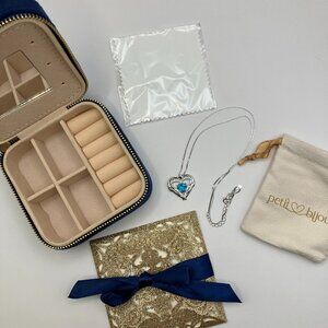 Blue Velvet Travel Jewelry Box 925 Sterling Silver Heart Pendant Charm Necklace